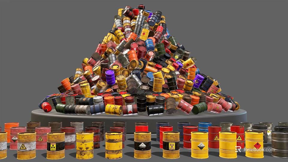 Colorful Industrial Barrels Stacked in Pyramid Shape With Yellow Drums 3d model 