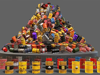 Colorful Industrial Barrels Stacked in Pyramid Shape With Yellow Drums 3d model