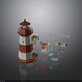 Red And White Lighthouse Scene With Dock Lifebuoy Lifeboat And Rocks