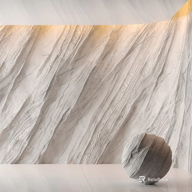 Light Colored Textured Wall Component With Carved Wavy Patterns And Stone Accent 3d model 