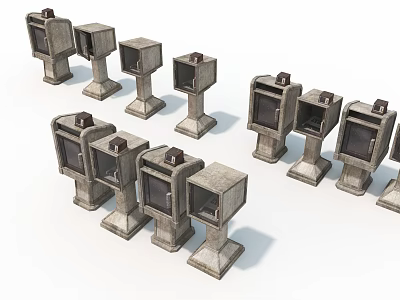 Multiple Gray Square Industrial Equipment Units with Base and Control Panels 3d model
