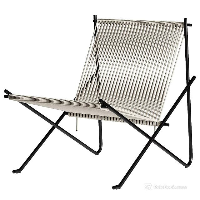 Modern Leisure Chair With Black Metal Frame Crossed Legs And White Woven Seat 3d model 