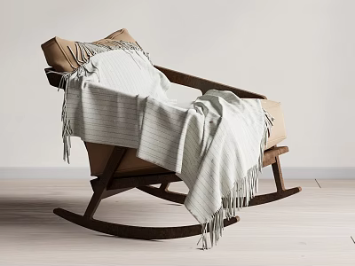 Cozy Brown Rocking Chair with Wooden Frame and White Striped Fringe Blanket 3d model