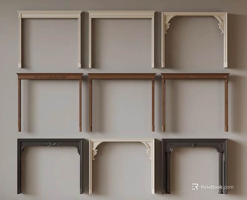 Various Style Fireplace Mantels In White Brown And Black With Decorative Details 3d model 