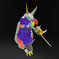 Mecha Character With Golden Horns Green Eyes Purple Arm Golden Sword And Hammer