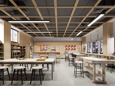 Book Art Workshop Interior With Long Tables Stools Bookshelves And Display Wall 3d model