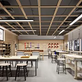 Book Art Workshop Interior With Long Tables Stools Bookshelves And Display Wall