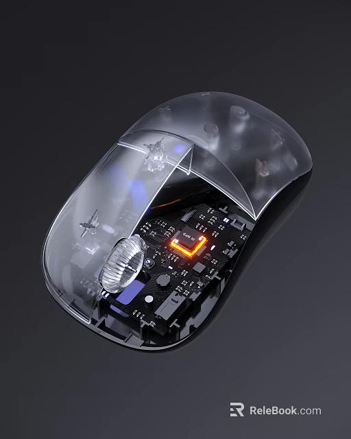 Transparent Computer Mouse With Clear Casing Internal Circuit Board And Orange LED Light 3d model 