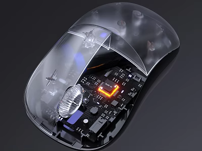 Transparent Computer Mouse With Clear Casing Internal Circuit Board And Orange LED Light 3d model