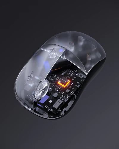 Transparent Computer Mouse With Clear Casing Internal Circuit Board And Orange LED Light 3d model