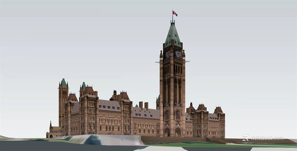 Historic Office Building Featuring Clock Tower Canadian Flag and Classical Architecture 3d model