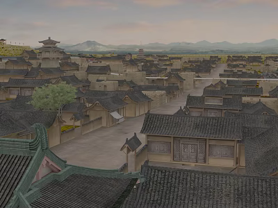 Ancient Architecture Complex With Traditional Tiled Roofs Courtyards And Distant Mountains 3d model
