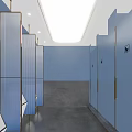 Modern Public Restroom With Blue Walls Large Mirror Double Sinks And Gray Countertop Plants