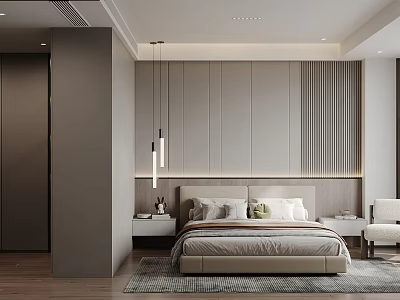 Modern Bedroom Interior Design With Upholstered Headboard Nightstands Pendant Lights And Area Rug 3d model