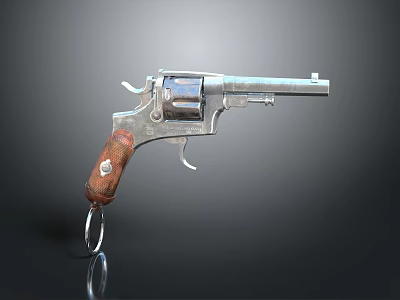 Silver Metal Revolver With Brown Wooden Grip And Key Ring Accessory Design 3d model