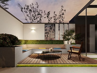 Modern Outdoor Garden With Wooden Deck Seating Area Greenery Decorative Screen And Lighting 3d model