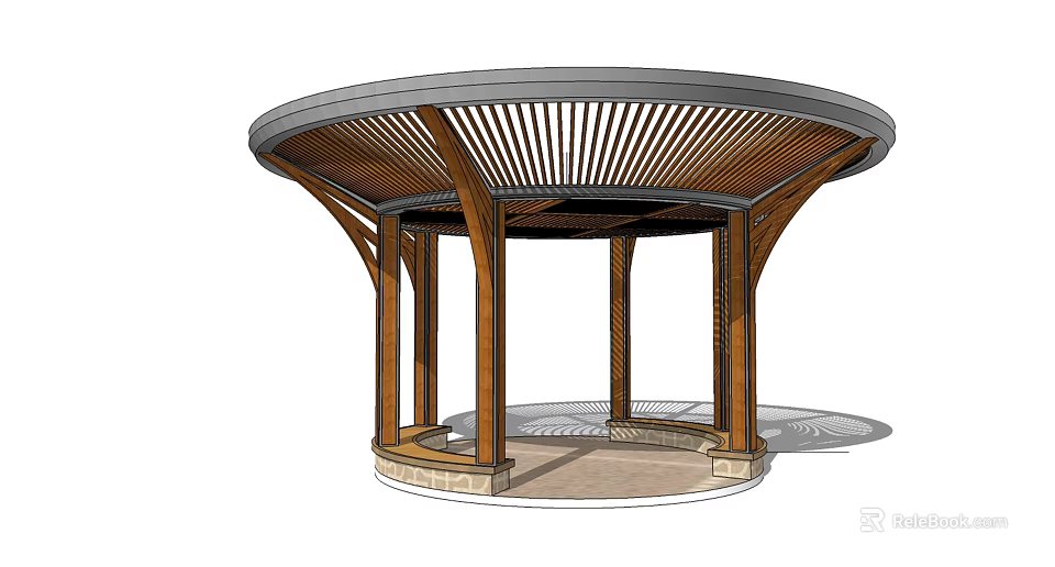 Modern Circular Pergola With Wooden Lattice Roof And Stone Base Columns 3d model 