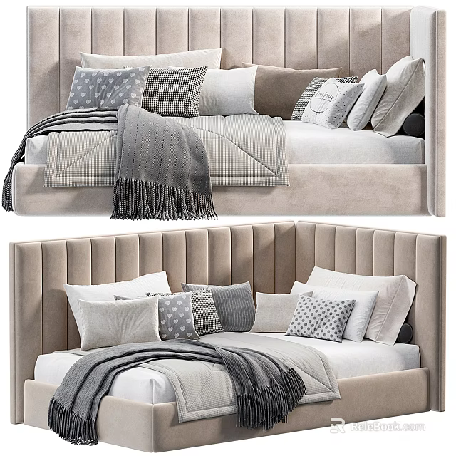 Modern Cozy Bedroom Bed Design With Tufted Headboard Multiple Pillows And Soft Throw Blanket 3d model