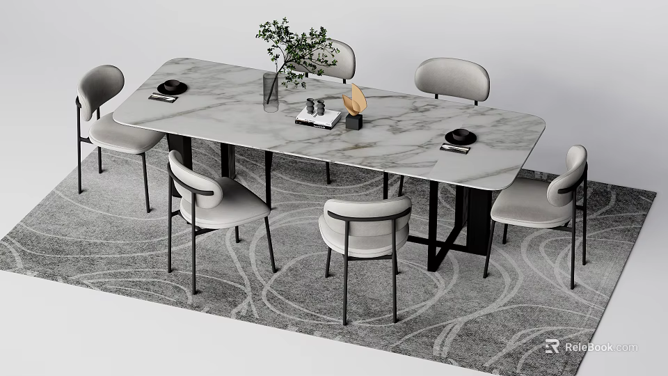 Modern Dining Table Set With Marble Top And Six Gray Chairs 3d model