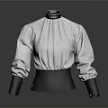 White High Neck Pleated Top With Black Cuffs And Fitted Waist Design