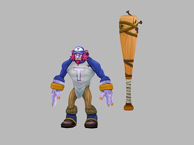 Fantasy Character With Pink Hair Blue Arms Claws And Brown Yellow Staff Hat White Top 3d model