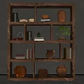 Wooden Decorative Cabinet with Lattice Shelves Holding Books Clay Pots and Small Potted Plants