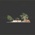 Outdoor Kiosk with Black Roof Orange Accents Red Brick Floor Surrounded by Trees and Greenery