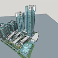 Modern High Rise Office Buildings With Glass Curtain Walls And Landscaped Trees