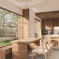 Wooden Restaurant Interior With Open Design Dining Table Chairs Pendant Light And Cabinets
