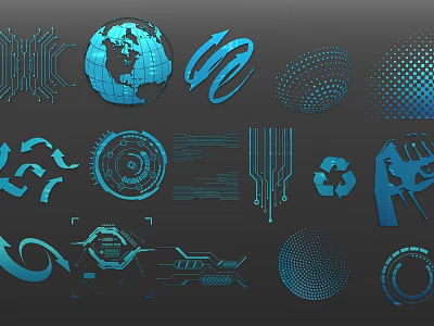 Abstract Tech Inspired Wall Decor With Blue Geometric Shapes Globe Circuit Arrows And Symbols 3d model