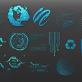 Abstract Tech Inspired Wall Decor With Blue Geometric Shapes Globe Circuit Arrows And Symbols