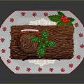 Decorated Wooden Log Cake With Green Leaves On White Plate And Lace Doily