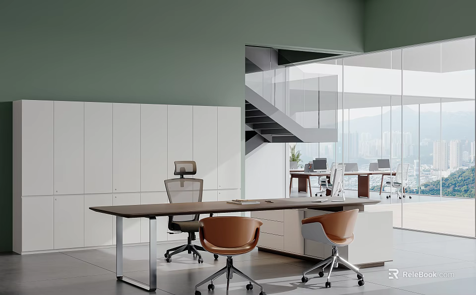 Modern Office Interior With Green Walls White Storage Cabinets Long Wooden Desk And Glass Partitions 3d model 