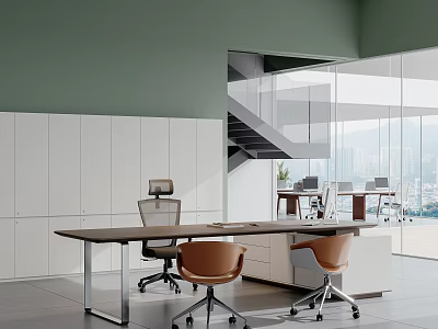 Modern Office Interior With Green Walls White Storage Cabinets Long Wooden Desk And Glass Partitions 3d model