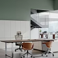 Modern Office Interior With Green Walls White Storage Cabinets Long Wooden Desk And Glass Partitions