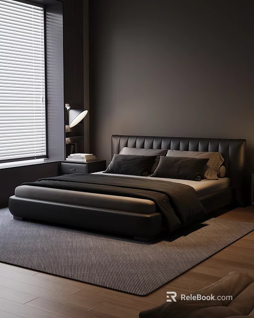 Modern Bedroom Interior With Black Leather Bed Window Blinds Table Lamp And Nightstand 3d model 