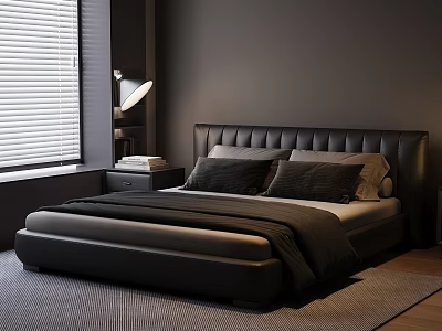 Modern Bedroom Interior With Black Leather Bed Window Blinds Table Lamp And Nightstand 3d model