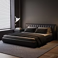 Modern Bedroom Interior With Black Leather Bed Window Blinds Table Lamp And Nightstand