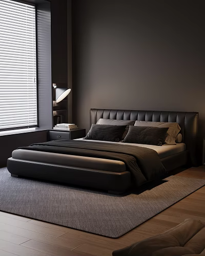 Modern Bedroom Interior With Black Leather Bed Window Blinds Table Lamp And Nightstand 3d model