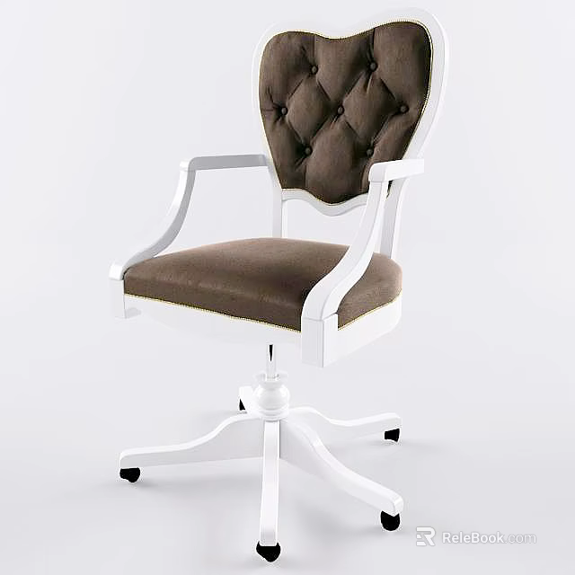 Office Chair with Tufted Brown Backrest Padded Seat White Armrests and Legs Swivel Design 3d model 