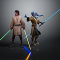 Fantasy Characters Alien with Blue Skin in Brown Robes Holding Green Blue Yellow Glowing Lightsabers