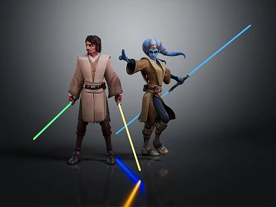 Fantasy Characters Alien with Blue Skin in Brown Robes Holding Green Blue Yellow Glowing Lightsabers 3d model