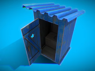Blue Garden Shed With Corrugated Roof Open Door And Interior Shelf 3d model