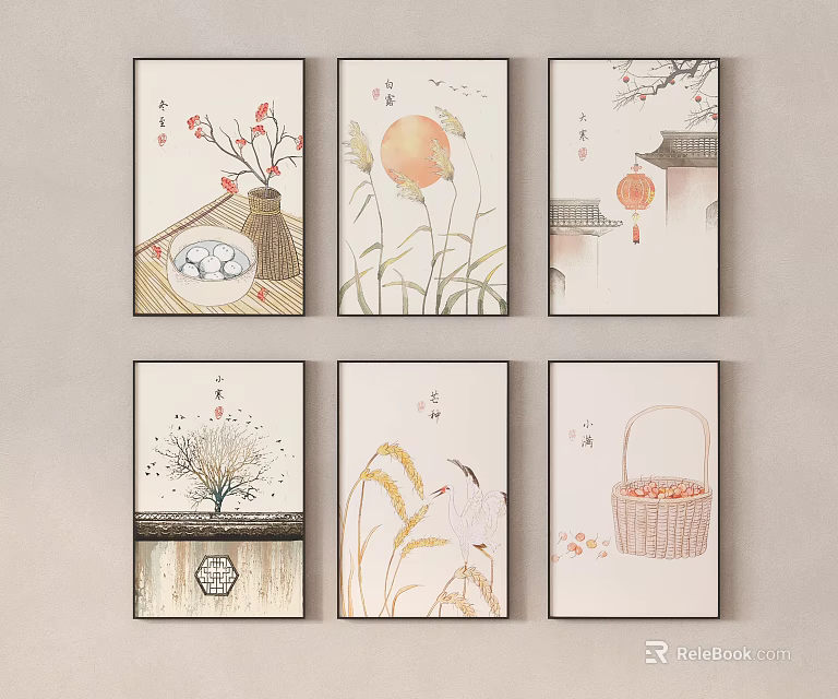 Chinese Traditional Decorative Paintings With Natural Elements And Six Panels Design 3d model 