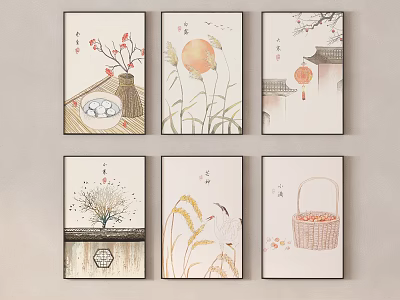 Chinese Traditional Decorative Paintings With Natural Elements And Six Panels Design 3d model
