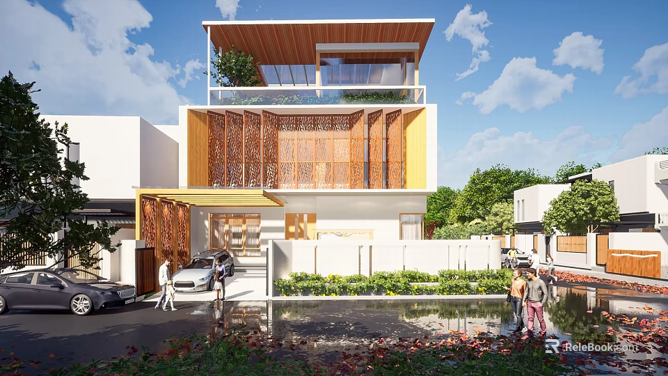 Modern Detached Villa With Wooden Facade Balcony Plants Outdoor Garden And Parking Space 3d model 