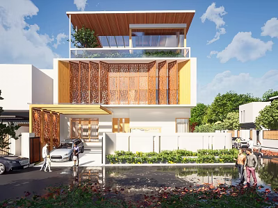 Modern Detached Villa With Wooden Facade Balcony Plants Outdoor Garden And Parking Space 3d model
