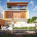 Modern Detached Villa With Wooden Facade Balcony Plants Outdoor Garden And Parking Space