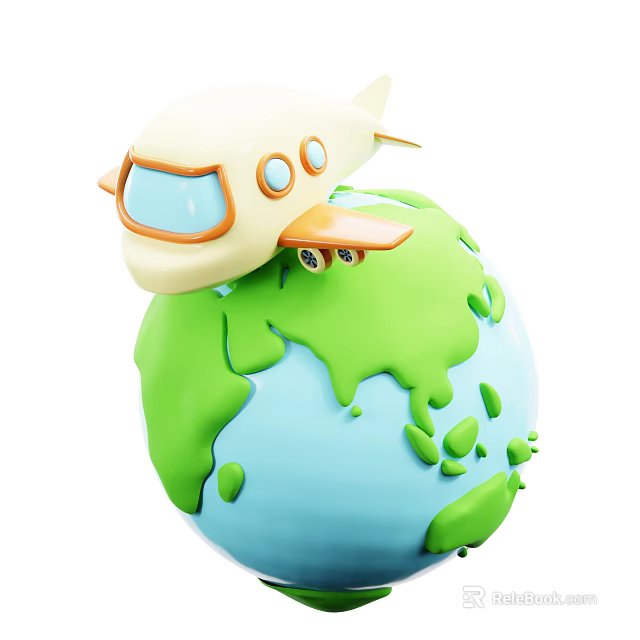 Cute Cartoon Style Decorative Ornament Set With Plane And Globe Models 3d model
