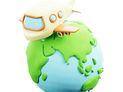 Cute Cartoon Style Decorative Ornament Set With Plane And Globe Models 3d model